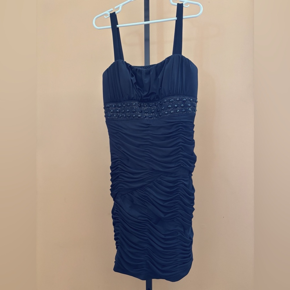 Super Flattering Black Ruched Cocktail Dress with Beads and Side Zipper Size 14
